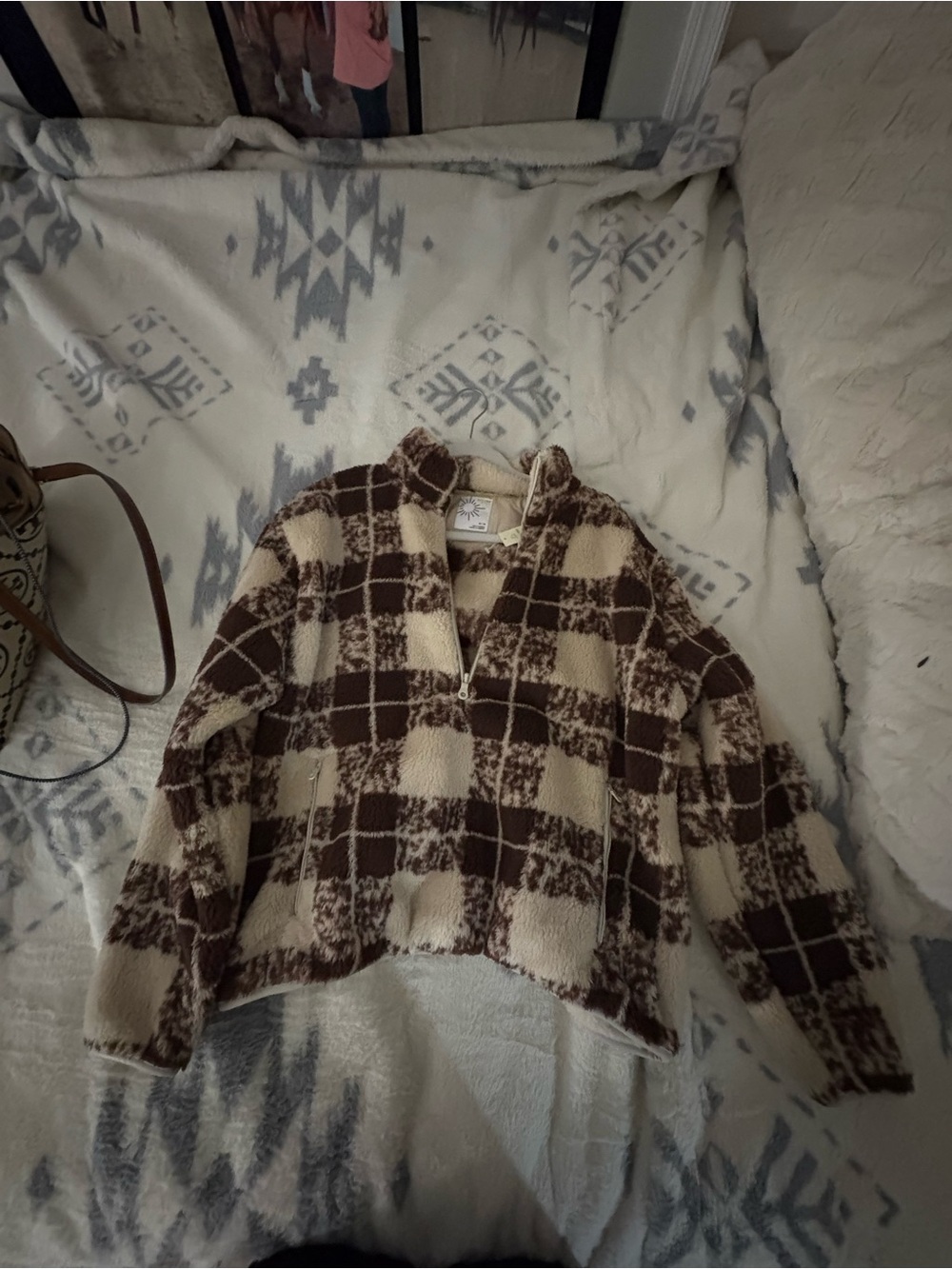 aerie Plaid Sherpa Pullover Jacket - Cream & Brown